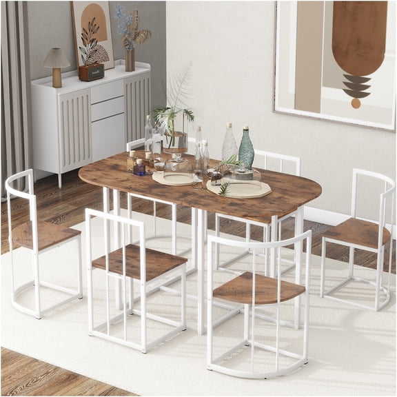 JERFIT 7-Piece Dining Table Set for 6, Modern Kitchen Table with 6 Chairs, Space-Saving Faux Marble Top and Iron Frame, White and Cherry Finish