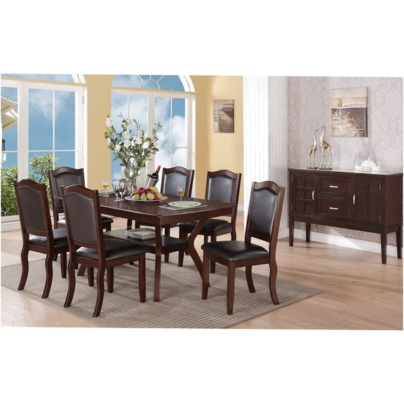 JERFIT 7-Piece Dining Table Set with 6 Upholstered Chairs, Solid Wood Espresso Finish, Open Shelf, Formal Modern Style