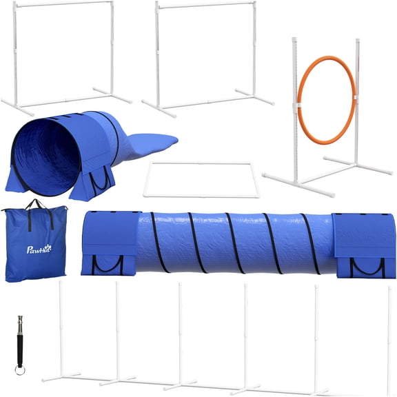JERFIT 7-Piece Dog Agility Training Kit with Carry Bag, Adjustable Hurdles, Tunnel, Weave Poles & Jump Ring for Backyard Obstacle Course, Blue