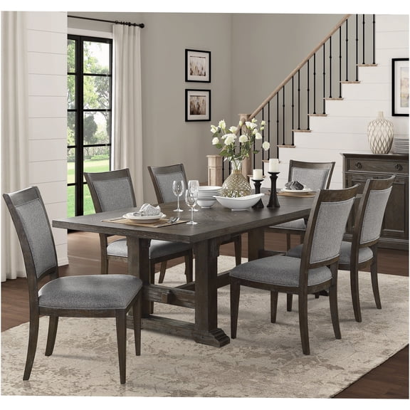 JERFIT 7-Piece Expandable Dining Set with 6 Upholstered Chairs, Driftwood Brown Finish Wood Table for 6, Transitional Classic Kitchen Furniture