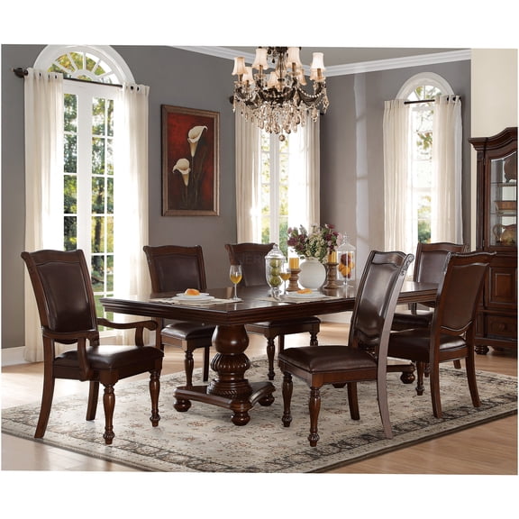 JERFIT 7-Piece Extendable Dining Table Set with Leaf, 2 Upholstered Armchairs & 4 Side Chairs, Traditional Brown Cherry Finish Wood Furniture