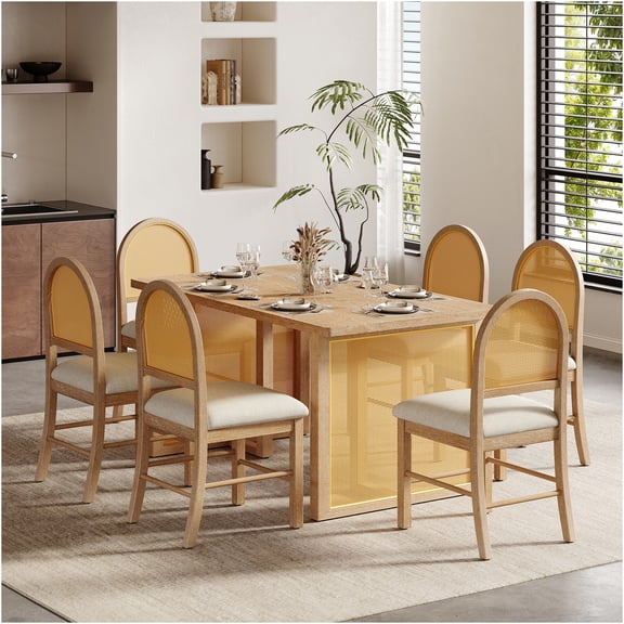 JERFIT 7-Piece Farmhouse Dining Set for 6 with Rattan Chairs, Distressed Oak Finish Rectangular Kitchen Table, Rustic Dining Room Furniture in Natural Beige