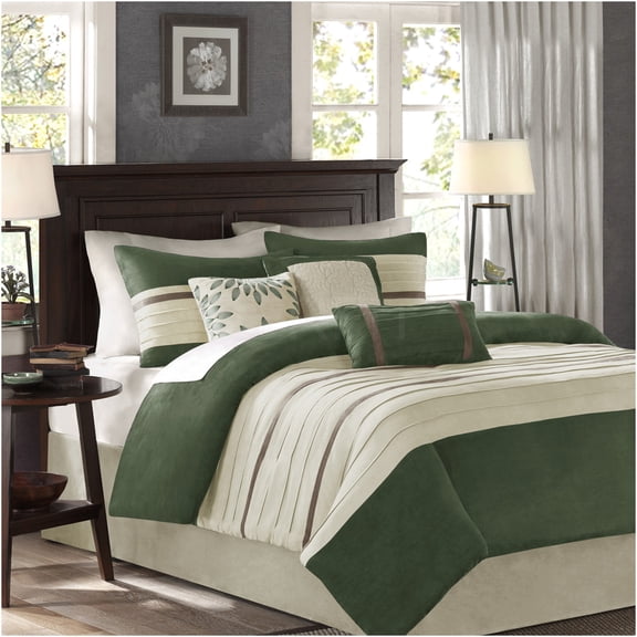 JERFIT 7-Piece Faux Suede Comforter Set for California King Bed, Green and Beige Luxury Bedding Set with Decorative Pillows