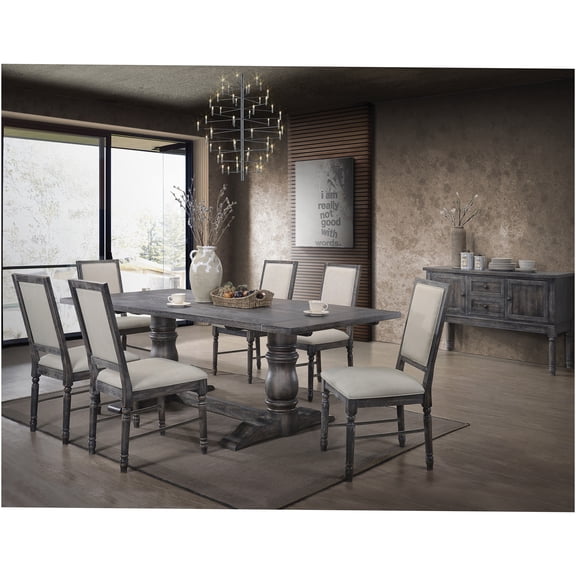 JERFIT 7-Piece Gray Weathered Finish Dining Set with Trestle Table and Upholstered Chairs