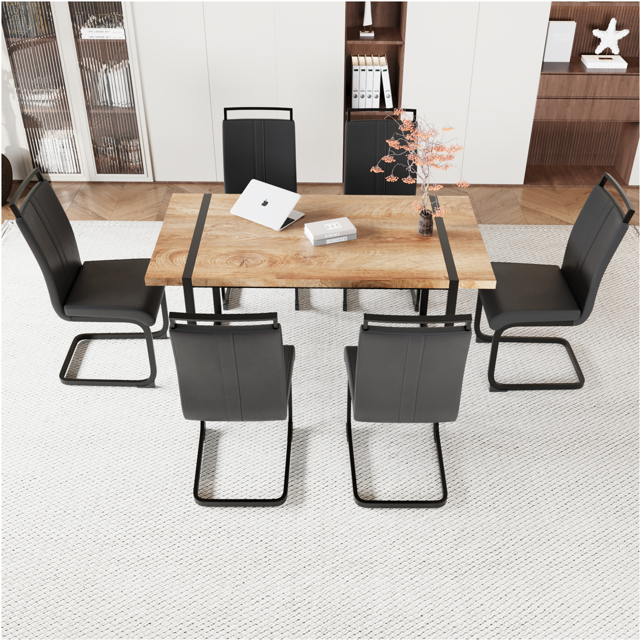 JERFIT 7-Piece Industrial Farmhouse Dining Set with Wood Tabletop and 6 ...