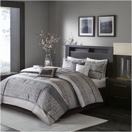JERFIT 7-Piece Jacquard Bedding Set King Size, Grey and Taupe Stripe Comforter Set with Decorative Pillows & Bed Skirt