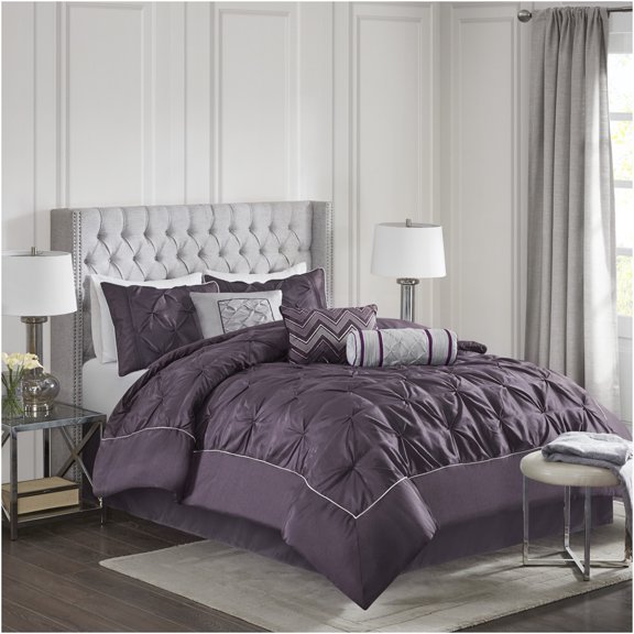 JERFIT 7-Piece King Comforter Set with Bed Skirt & Pillows, Tufted Plum Luxury Bedding Collection, All-in-One Polyester Design
