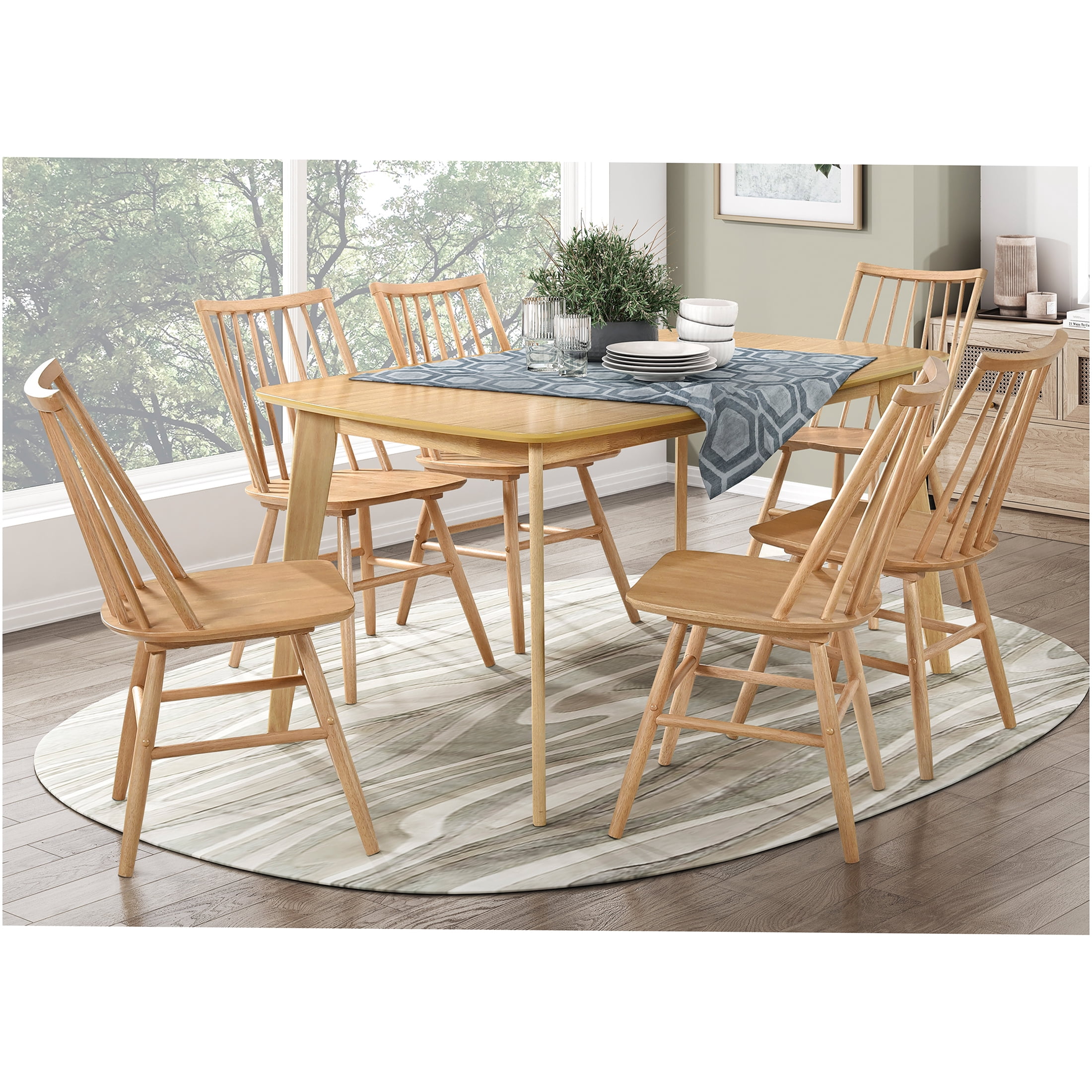 JERFIT 7-Piece Oak Dining Set with Windsor Chairs, Farmhouse Kitchen ...