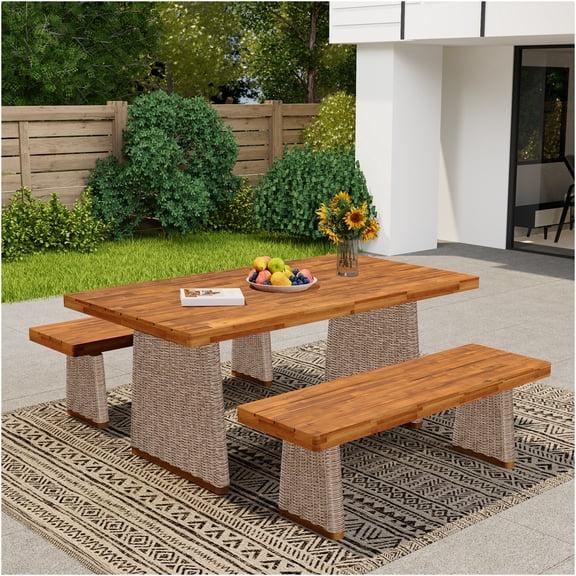 JERFIT 7-Piece Outdoor Dining Set, Acacia Wood Table with 2 Benches, Handwoven PE Rattan Base, Weather-Resistant Patio Furniture for Garden, Poolside, Brown/Teak