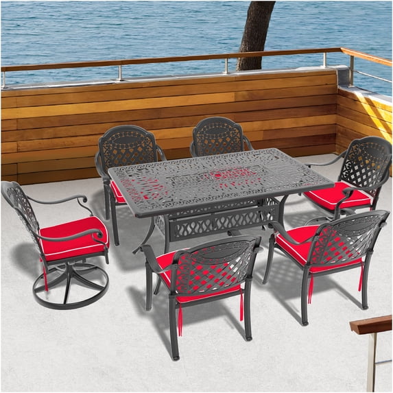 JERFIT 7-Piece Outdoor Dining Set with Swivel Chairs, All-Weather Cast Aluminum Patio Table and Chairs for Garden, Poolside, Black