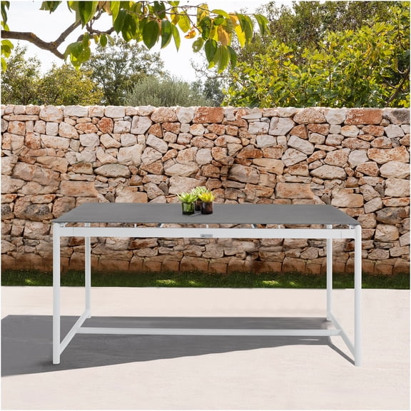 JERFIT 7-Piece Outdoor Patio Dining Set with White Aluminum Frame, Teak Wood Chairs & Stone Tabletop for Garden, Poolside