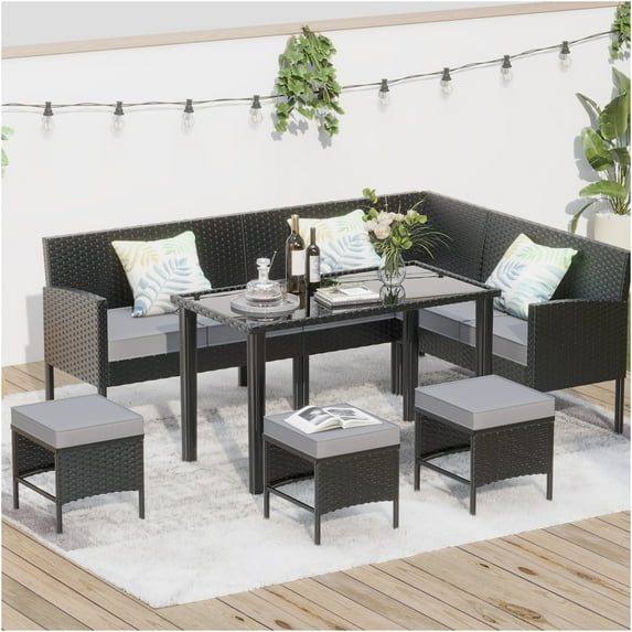 JERFIT 7-Piece Outdoor Patio Furniture Set with Tempered Glass Table, Waterproof Cushions, All-Weather Wicker, Space Saving Bistro Set for Garden, Patio, Balcony (Blue & Grey)