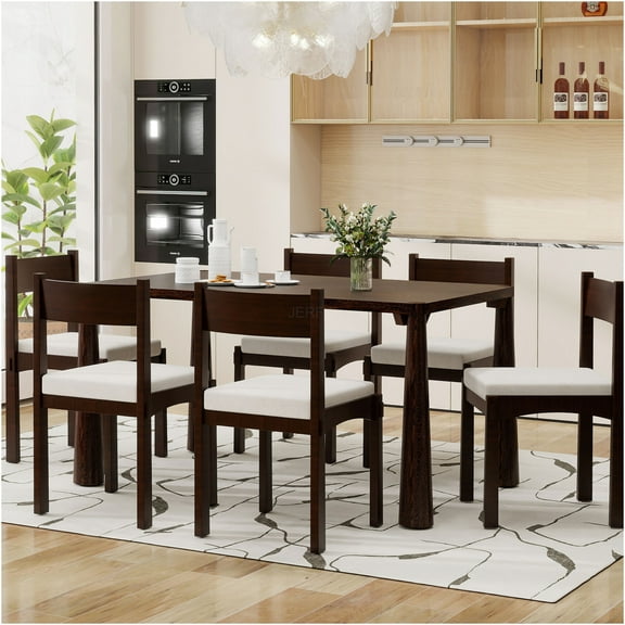 JERFIT 7-Piece Retro Dining Set for 6 with Upholstered Chairs, Solid Wood Table Kitchen Set, Espresso Finish for Dining Room