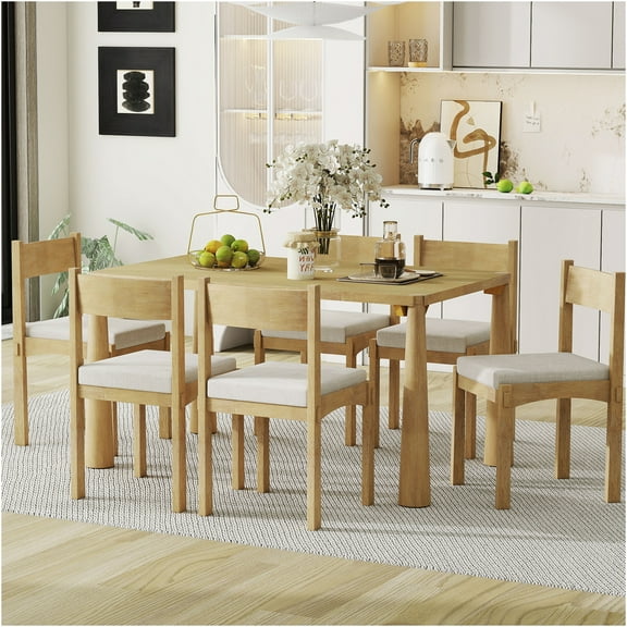 JERFIT 7-Piece Retro Dining Table Set for 6 with Upholstered Chairs, Farmhouse Kitchen Table and Chair Set in Natural Wood Finish