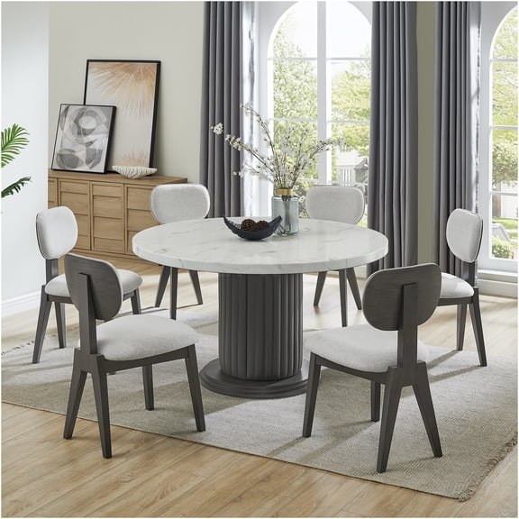 JERFIT 7-Piece Round Dining Set with Faux Marble Tabletop and Upholstered Chairs, Modern Kitchen Table for 6, White and Gray
