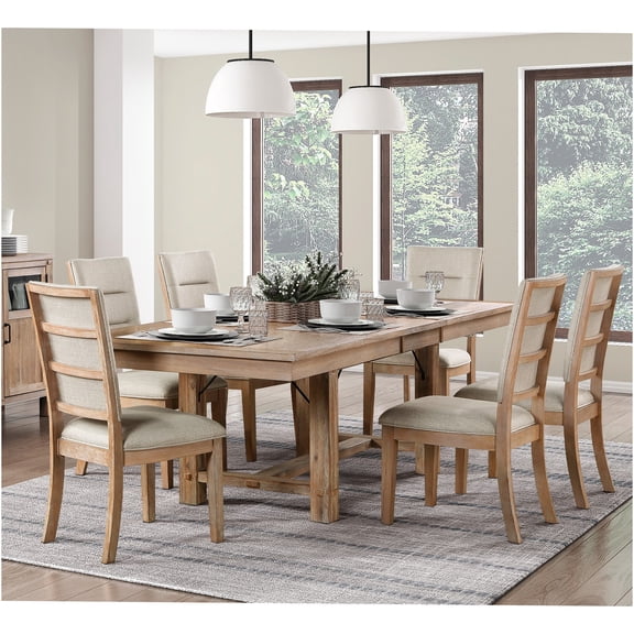 JERFIT 7-Piece Rustic Dining Set with Extension Table and Fabric Chairs, Light Oak Finish Wood Kitchen Table and 6 Ladder Back Side Chairs for Dining Room
