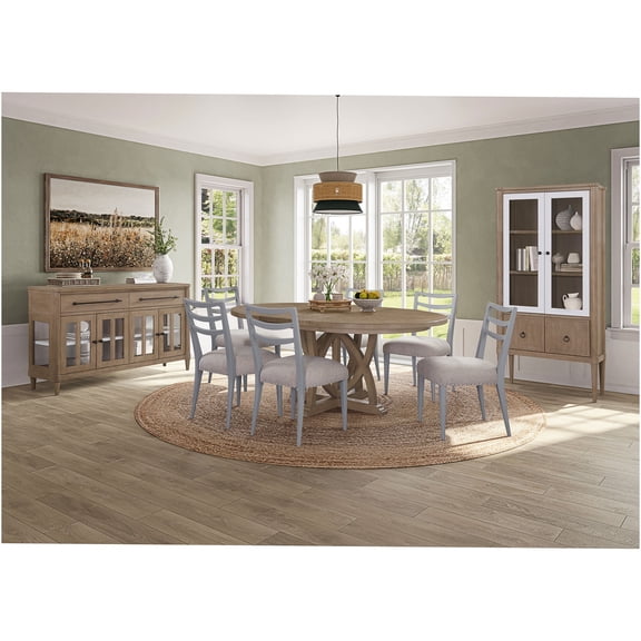 JERFIT 7-Piece Sand Mindi Wood Dining Set with Round Extendable Table, 4 Chairs, Glass Buffet & Curio China Cabinet