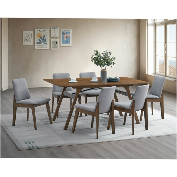 JERFIT 7-Piece Scandinavian Dining Set with Upholstered Chairs, Rectangular Table in Walnut and Light Gray