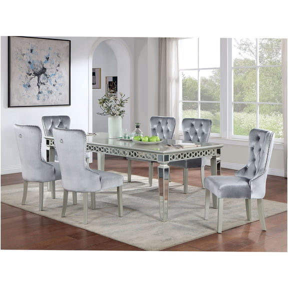 JERFIT 7-Piece Silver Dining Set with Expandable Table and Wingback Chairs, Tufted Upholstery, Mirror Accents for Dining Room