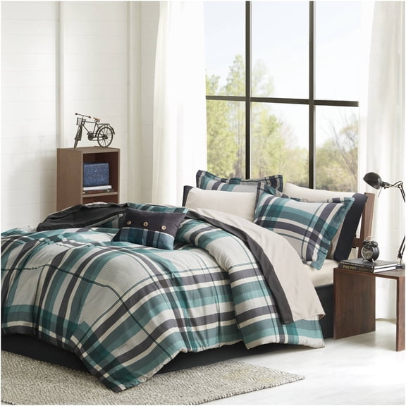 JERFIT 7-Piece Twin Plaid Microfiber Bedding Set, Multicolor Teal/Black Comforter with Sheets, Sham & Skirt, Hypoallergenic & Antimicrobial