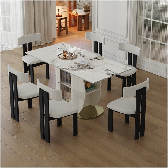 JERFIT 7-Piece White Velvet Dining Set with Sintered Stone Tabletop, Gold Base and Storage for Kitchen