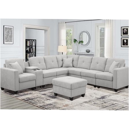 JERFIT 7-Seater Velvet Sectional Sofa with Cup Holders, Plush Comfort Couch for Living Room, Light Gray
