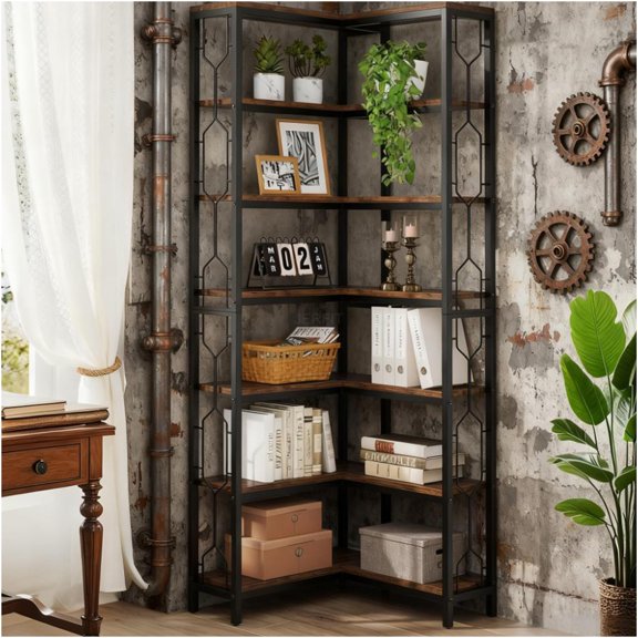 JERFIT 7-Shelf Industrial Corner Bookcase, Tall Standing Storage Rack for Living Room, Brown