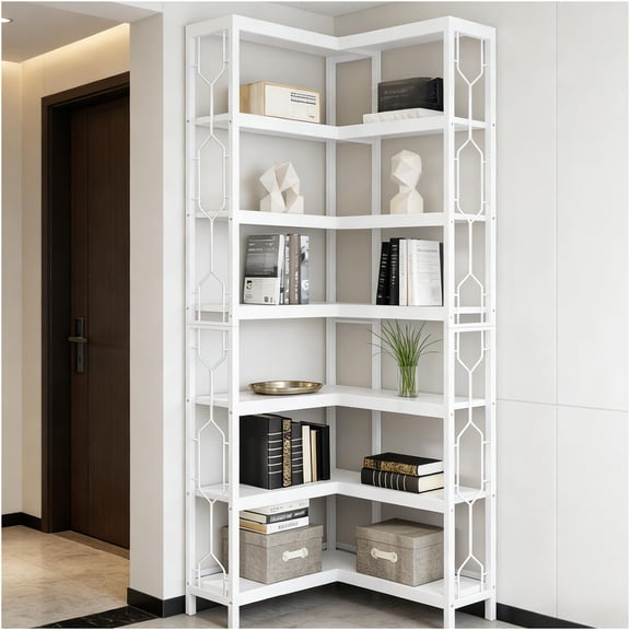 JERFIT 7-Tier Corner Bookshelf, Hexagon White Etagere Shelf with Safety Railing, Space-Saving Storage Organizer Unit for Living Room, Bedroom, Office
