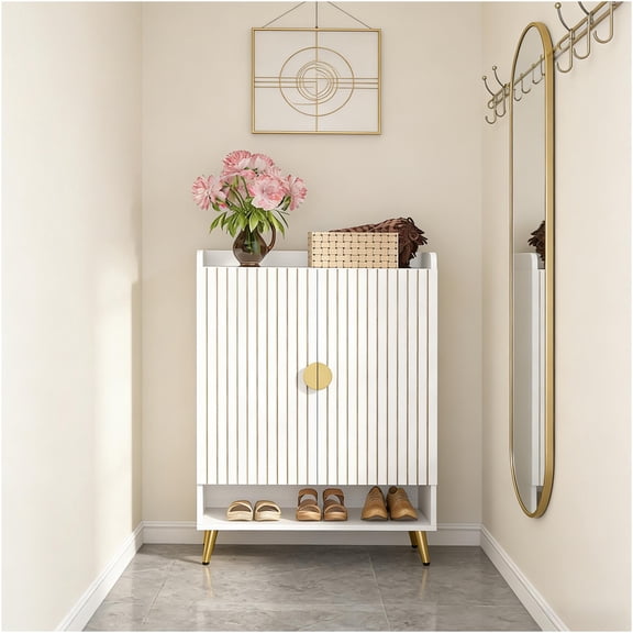 JERFIT 7-Tier Shoe Cabinet Organizer with Doors, Gold & White Storage Locker for Entryway, Holds 24 Pairs of Shoes