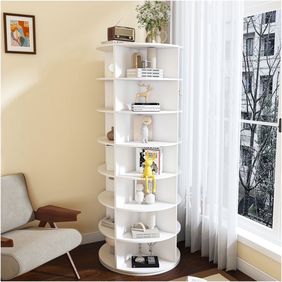 JERFIT 7-Tier Spinning Shoe Rack Organizer, 360 Rotating Floor Standing Tower Holds 28 Pairs of Shoes, Space-Saving Storage for Entryway, Closet, White