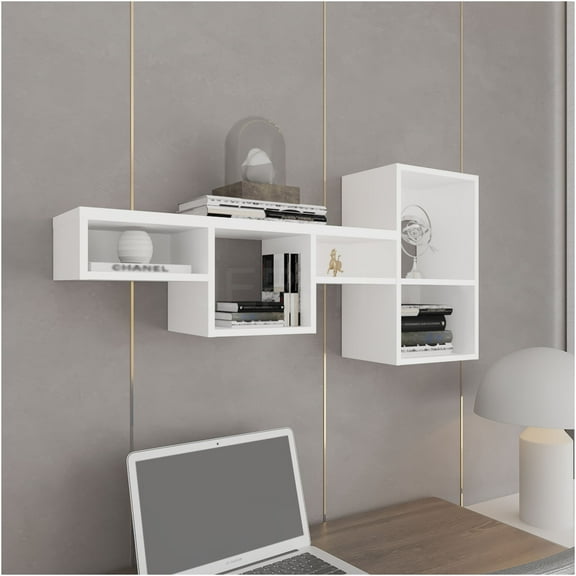 JERFIT 7-Tier Wall Mount Shelf, 47" Wide Cube Storage Organizer Rack for Living Room, Bedroom & Home Office, White