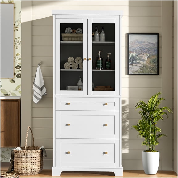 JERFIT 70.1 Inch Tall Freestanding Bathroom Storage Cabinet with 3 Drawers & 2 Adjustable Shelves, Soft-Close Glass Door, Modern White Organizer for Bathroom, Kitchen, Living Room