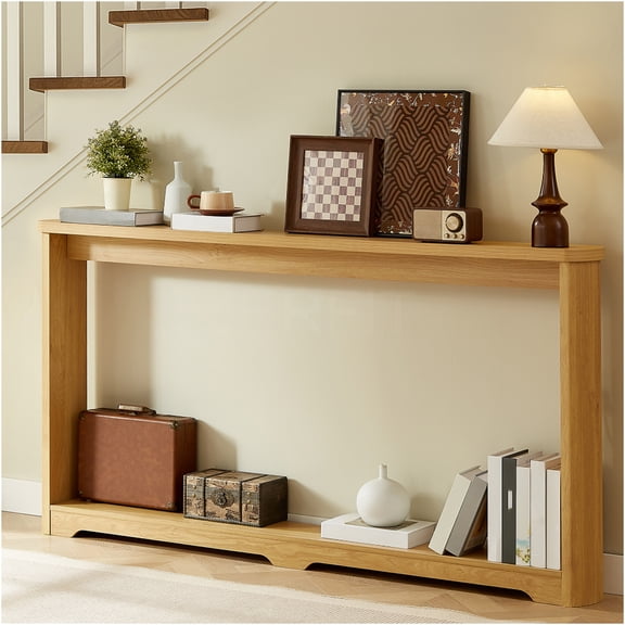 JERFIT 70.1" Narrow Sofa Table with Storage Shelf, Corrugated Texture Console Table for Hallway, Entryway, Behind Couch, Natural Wood Finish