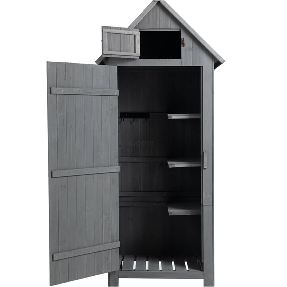 JERFIT 70.5" Tall Outdoor Storage Shed with Sloping Roof, 3-Compartment Garden Tool Organizer Cabinet, Waterproof & Durable Solid Wood Construction, Gray