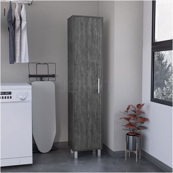 JERFIT 70.8'' Tall Freestanding Storage Cabinet with 5 Shelves, 3 Broom Hooks for Garage, Laundry Room, Smokey Oak Finish