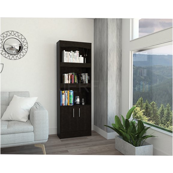 JERFIT 70.8" Tall Modern Bookcase with Double Doors & 3 Shelves, Freestanding Storage Cabinet for Home Office, Living Room, Black