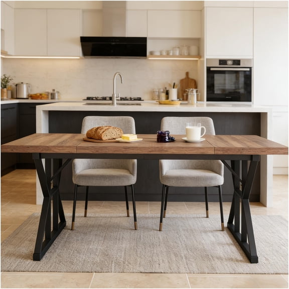 JERFIT 70.86 Inch Industrial Farmhouse Dining Table for 6, Trestle Base Kitchen Table in Walnut Brown and Black Metal & Wood