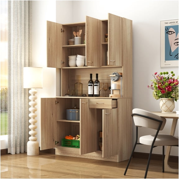 JERFIT 70.87 Inch Tall 6-Door Wardrobe with Drawer & Shelf, Freestanding Storage Cabinet for Bedroom, Kitchen, Living Room in Rustic Oak Finish