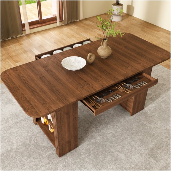 JERFIT 70.87 Inch Walnut MDF Dining Table with Storage for 4 to 6 People, Mid-Century Modern Style