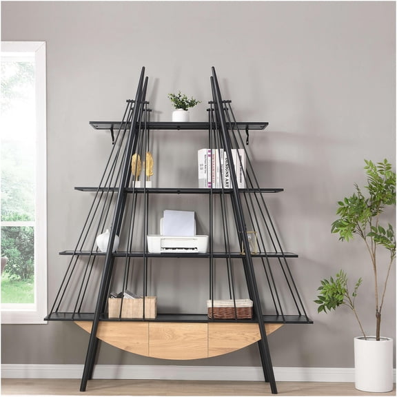 JERFIT 70.87" Sailboat Industrial Bookshelf with Drawer, 4-Tier Open Storage Bookcase, MDF Wood & Metal Frame Display Rack for Living Room, Office