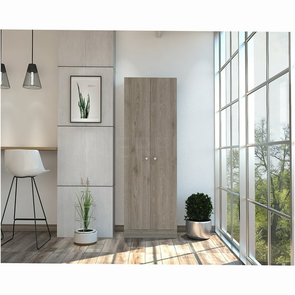 JERFIT 70" Double Door Storage Cabinet with 5 Adjustable Shelves, Freestanding Organizer for Garage, Kitchen, Living Room, Light Gray