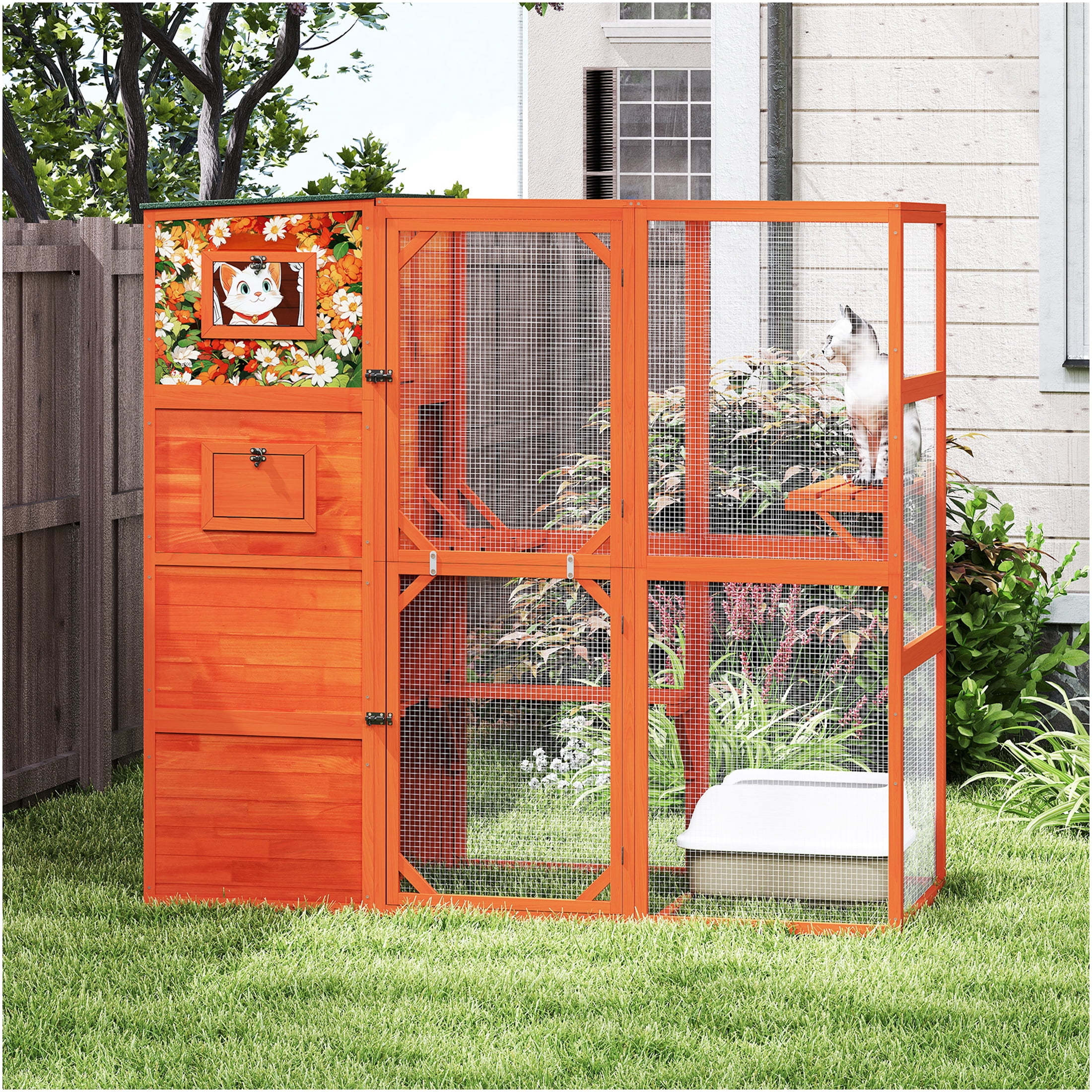 JERFIT 70 Inch Large 4-Tier Outdoor Catio Enclosure with Weatherproof Roof, 2 Private Resting Rooms, Platforms & Mesh Windows for Cats, Orange