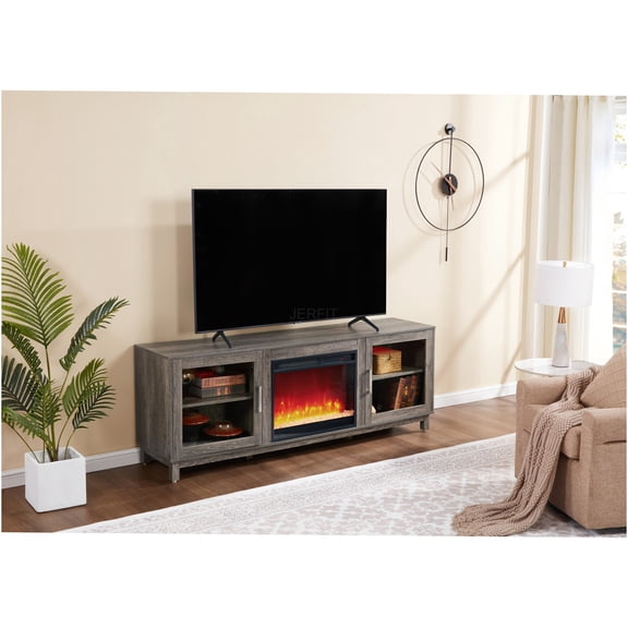 JERFIT 70 Inch TV Stand with Fireplace Heater, 11 Heat Settings & 7 Flame Colors, Modern Gray Walnut Console for Living Room
