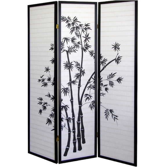 JERFIT 70 Inch Tall 3-Panel Black Wood Room Divider with Bamboo Pattern Panels