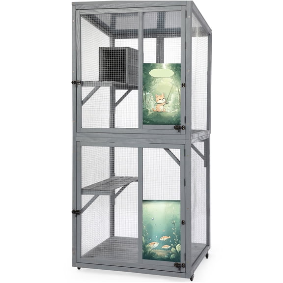 JERFIT 70" Large Outdoor Catio Enclosure with Lockable Wheels, Weatherproof Cat House, Resting Condo, Platforms & Sunroof for Multiple Cats, Gray