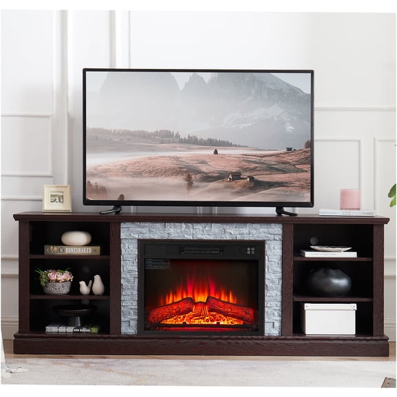 JERFIT 70-inch Fireplace TV Stand with Electric Heater, Faux Stone Entertainment Center Console with Storage Cabinet for TVs up to 75, Cherry Finish