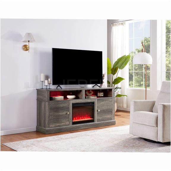 JERFIT 70 inch TV Stand with Electric Fireplace Heater, 11 Temp Settings & 7 Flame Colors, LED Shelves, Modern Gray Walnut Media Console for Living Room