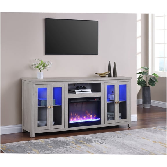 JERFIT 70 inch TV Stand with Electric Fireplace Heater, LED Flame & Light Effects, Light Gray Finish Media Console with Storage Cabinets & Shelves for Living Room