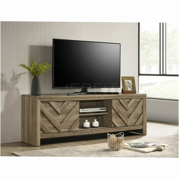 JERFIT 71" Rustic Modern TV Stand Console with Chevron Doors, Light Brown Wood Entertainment Center for Living Room