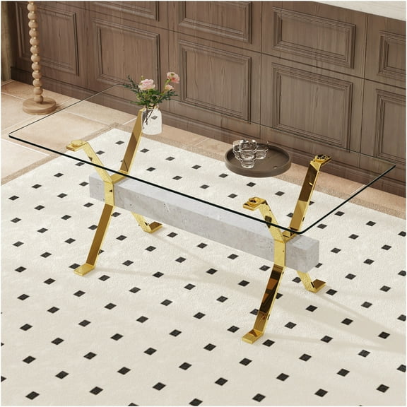 JERFIT 71-inch Modern Glass Top Dining Table with Gold X-Legs for Kitchen, Office, and Dining Room